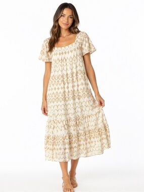Sonoma Boho Cottagecore Tiered Dress Large Cream Tan Cotton Flowy Prairie NWT